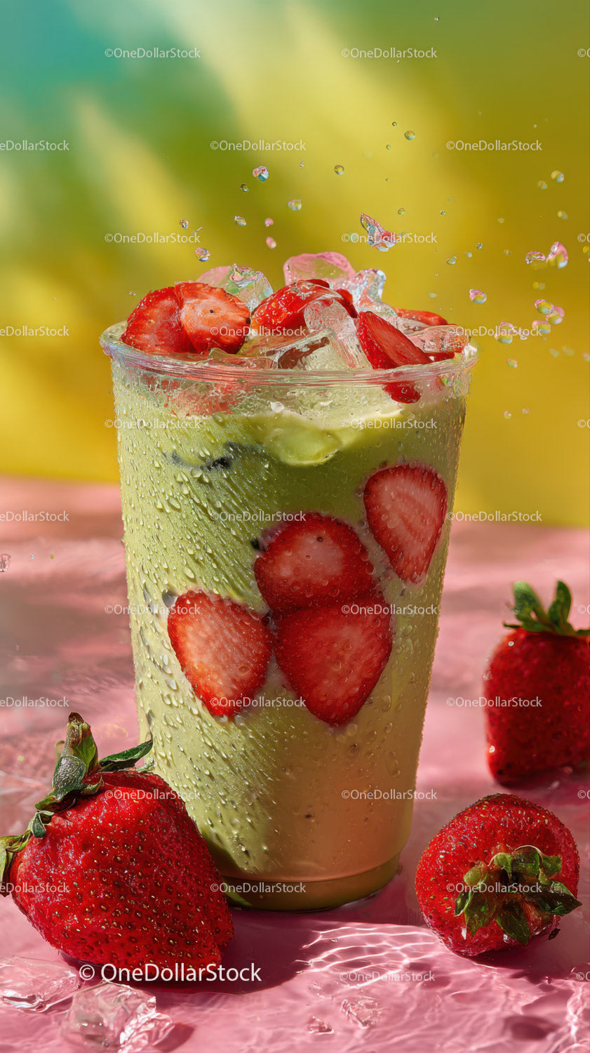 Strawberry and Kiwi Fruit Drink with Ice Cubes Healthy Summer Beverage