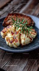 Roasted Garlic Cloves with Rosemary on Rustic Wooden Table