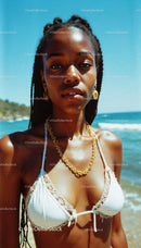 Elegant Black Woman in White Bikini on Sunny Beach with Ocean View
