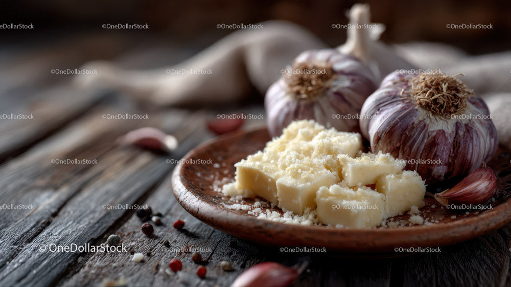 Fresh Garlic and White Cheese on Rustic Wooden Table