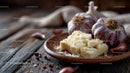 Fresh Garlic and White Cheese on Rustic Wooden Table