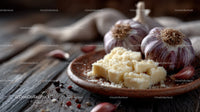 Fresh Garlic and White Cheese on Rustic Wooden Table