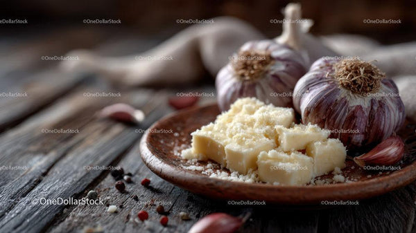 Fresh Garlic and White Cheese on Rustic Wooden Table