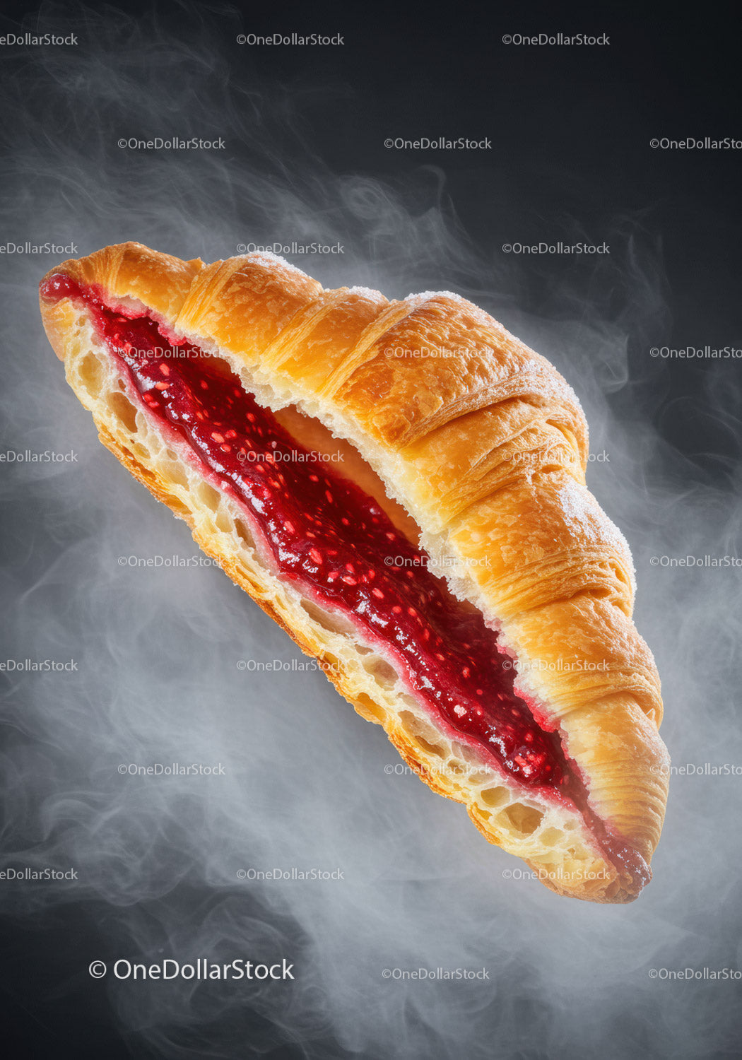 Fresh croissant with raspberry jam filling and steam