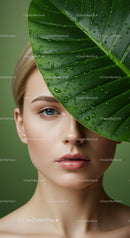 Portrait of a Woman with Blue Eyes and a Tropical Green Leaf