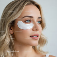 Close-up of a woman with blue eyes and blonde hair wearing an eye mask