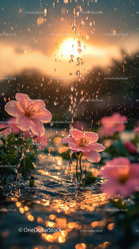 Pink Flower Blooms with Sunlight Ray Reflections in Rainy Garden