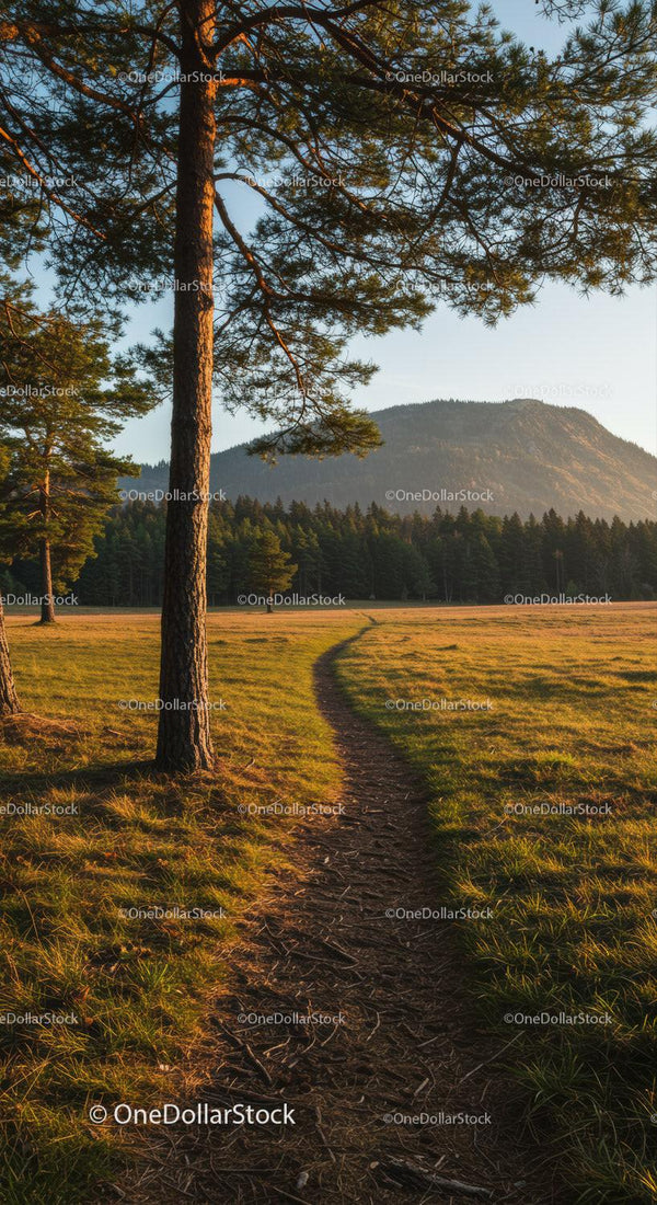 Scenic Mountain Forest with Pathway and Golden Sunset Light