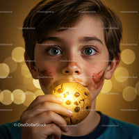 Curious boy with chocolate smeared face eating cookie