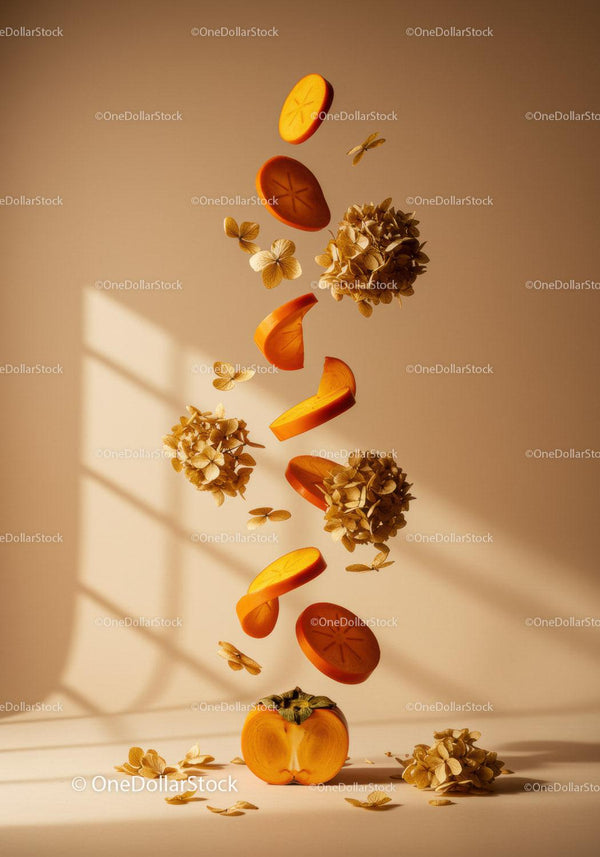 Split persimmon slices with dried flowers floating