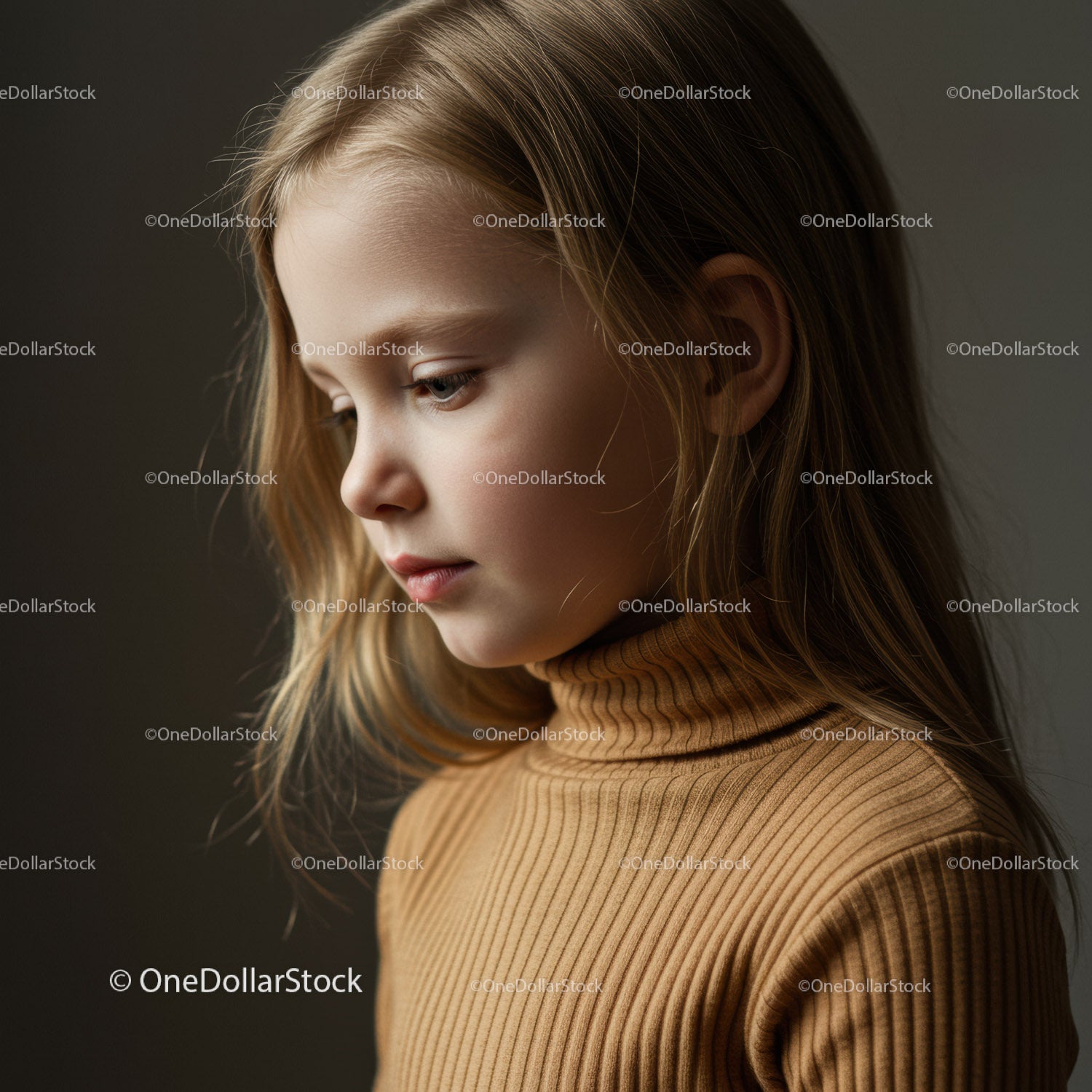 Portret zamyślonej młodej dziewczyny w brązowym golfie