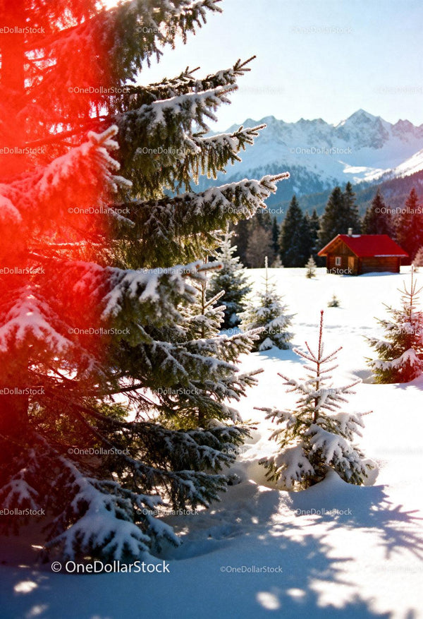 Snow covered pine trees near cozy red cabin in mountains