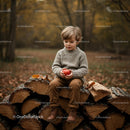 Child holding apple sitting on firewood stack in autumn forest