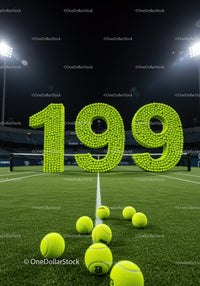 Tennis balls forming 199 number on illuminated court