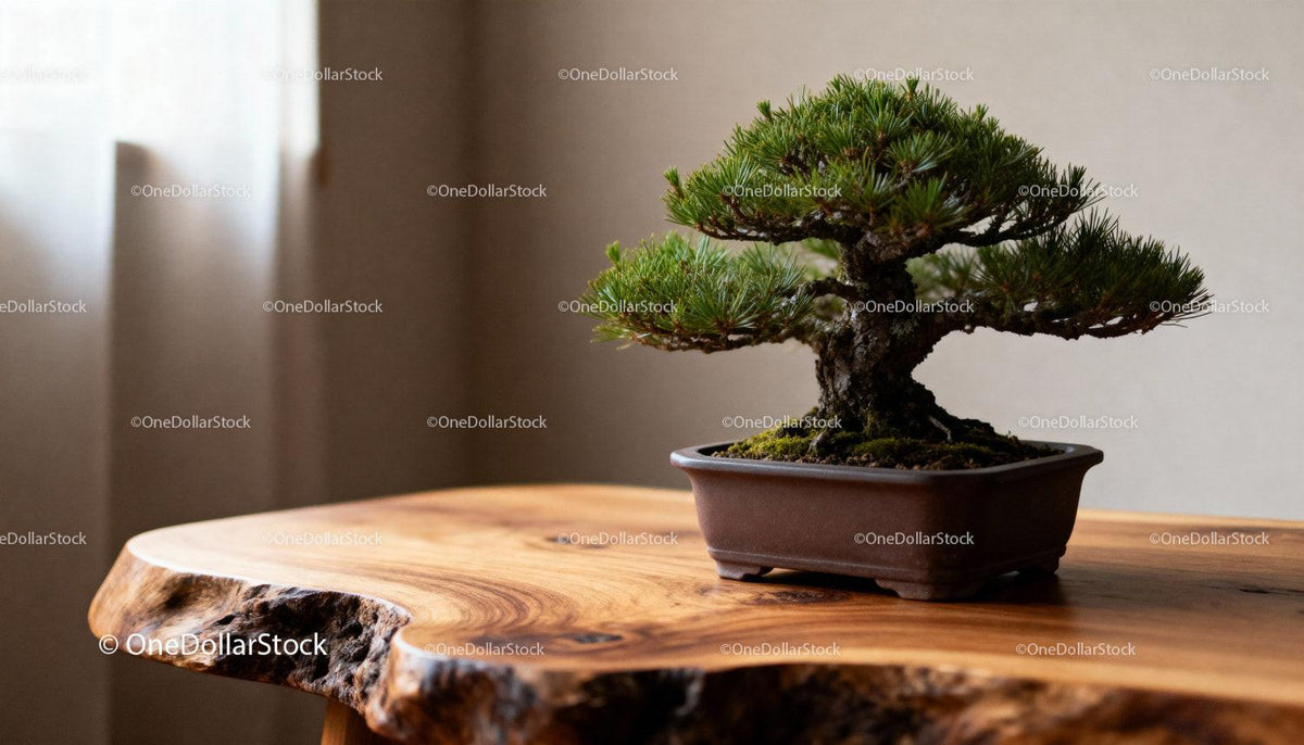 Miniature bonsai tree on natural wooden slab