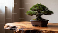 Miniature bonsai tree on natural wooden slab