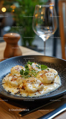Gourmet Mozzarella Cheese with Basil on Black Ceramic Plate