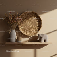 Minimalist Decorative Shelf with Natural Elements and Elephant Toy