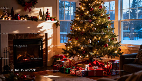 Cozy Living Room with Decorated Christmas Tree and Fireplace
