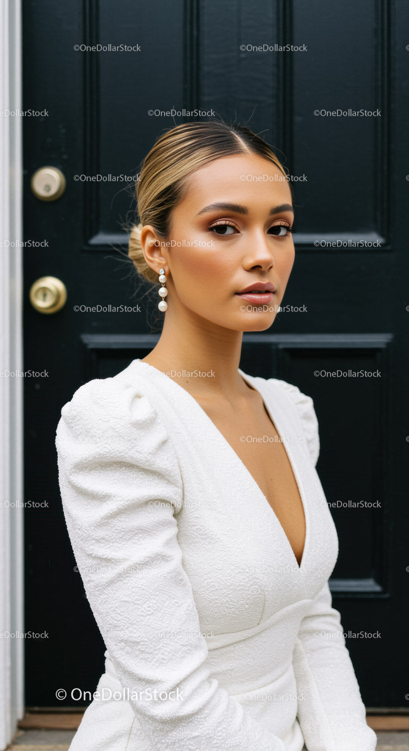 Elegancka kobieta w białej sukni pozuje przy czarnych drzwiach