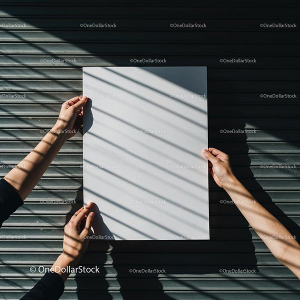 Hands Holding Blank White Paper with Shadows on Metallic Surface JPG Mockup Image