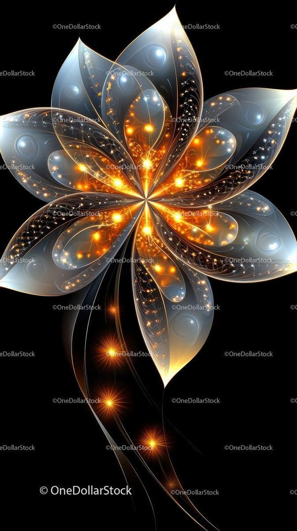 Abstract Digital Flower with Neon Glowing Petals and Light Effects