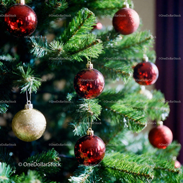 Christmas tree decorated with red and gold baubles