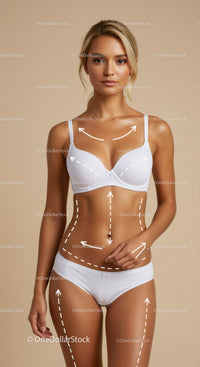 Elegant Young Woman in White Lingerie with Arrows Indicating Body Posture