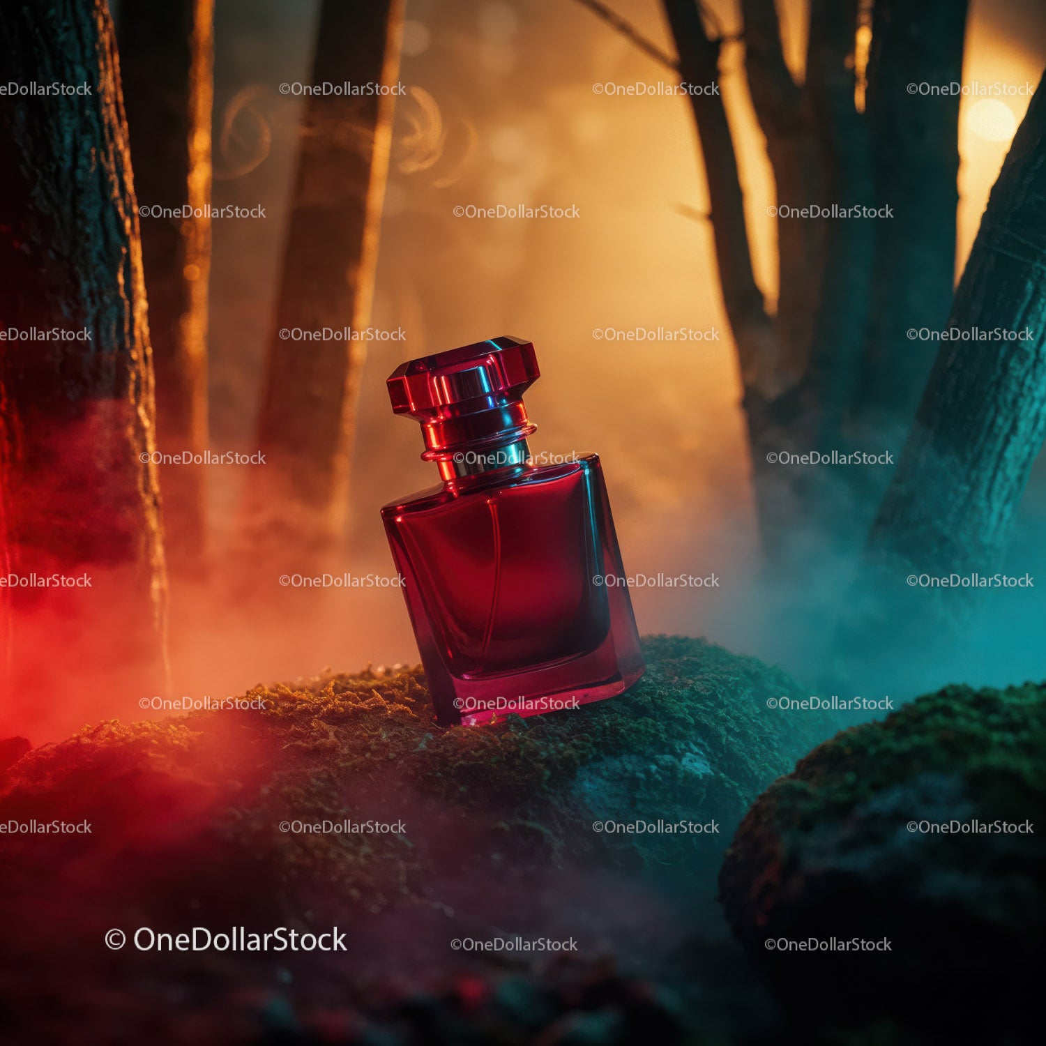 Luxury Red Perfume Bottle in Mystical Forest Scene