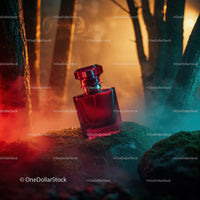 Luxury Red Perfume Bottle in Mystical Forest Scene