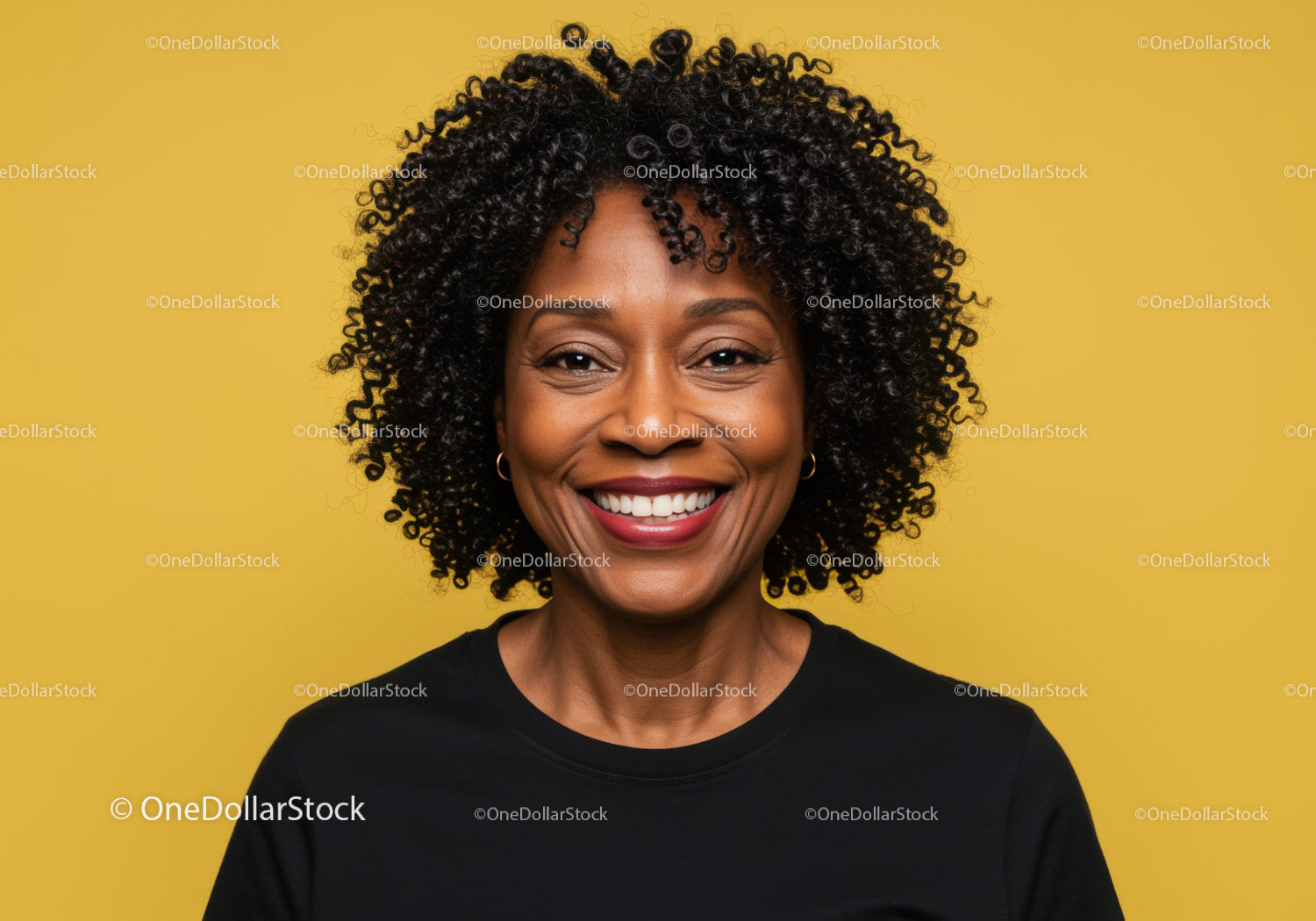 Vibrant Portrait of a Smiling Black Woman with Curly Hair on Yellow Background