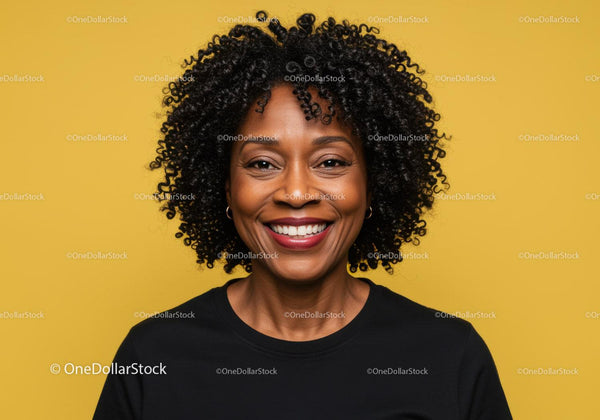 Vibrant Portrait of a Smiling Black Woman with Curly Hair on Yellow Background