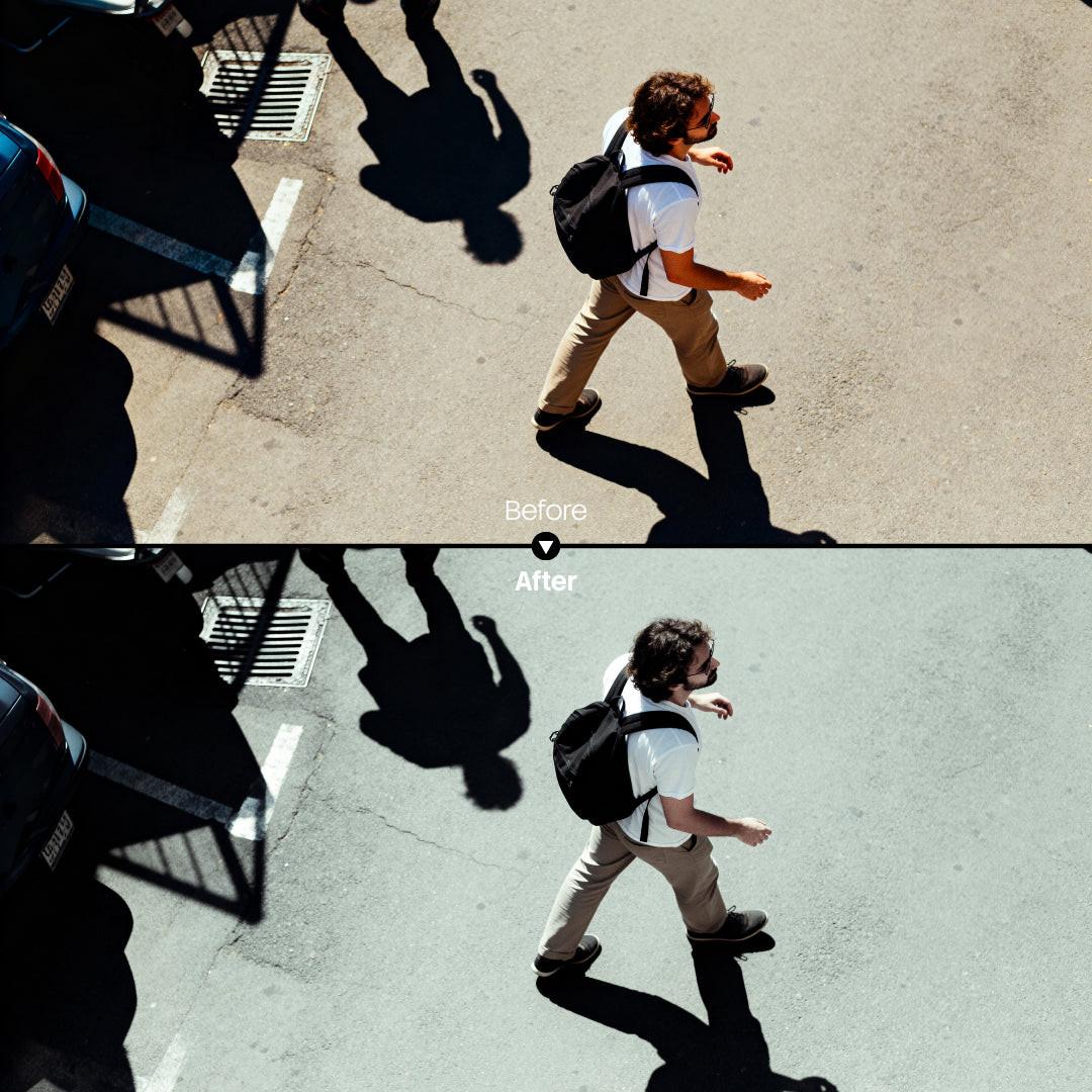 Before and after Retro Rain LUT Pack effect