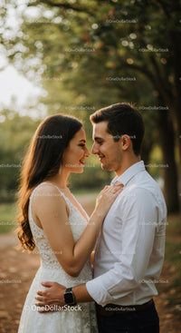 Couple in white embracing tenderly outdoors at sunset