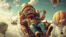 Whimsical Flying Car and Hot Air Balloons in Dreamy Sky Scene