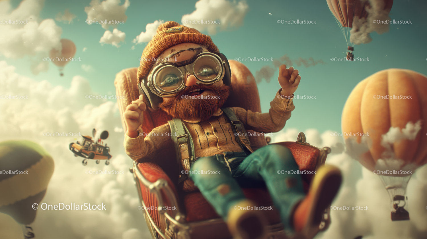 Whimsical Flying Car and Hot Air Balloons in Dreamy Sky Scene