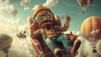 Whimsical Flying Car and Hot Air Balloons in Dreamy Sky Scene