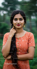 Elegant young woman in traditional Indian attire outdoors