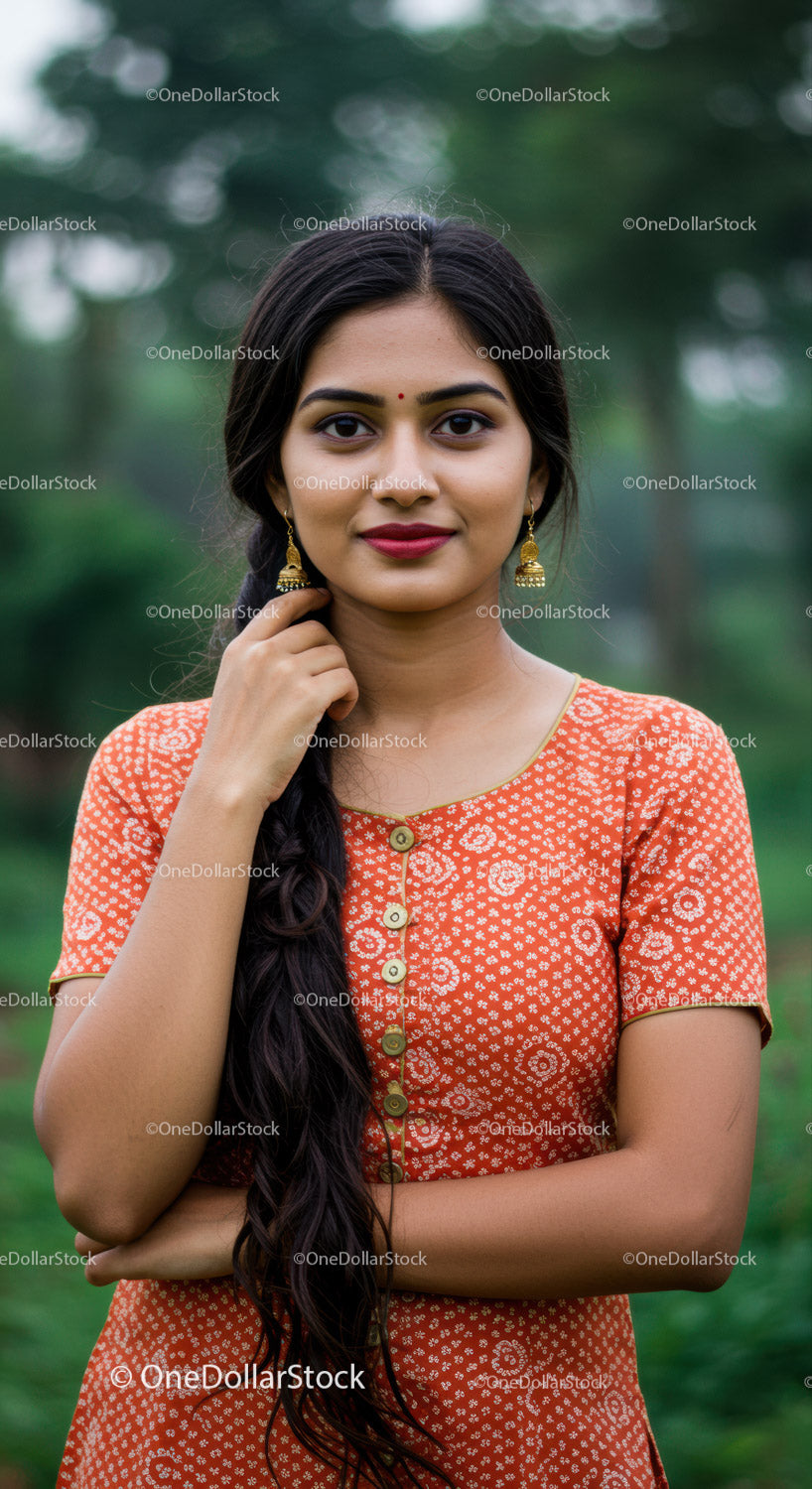 Elegant young woman in traditional Indian attire outdoors