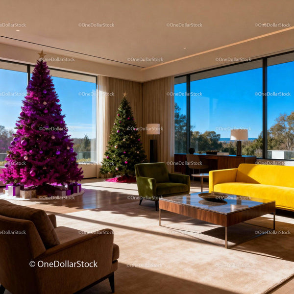 Modern Living Room with Colorful Christmas Trees and Sunlight