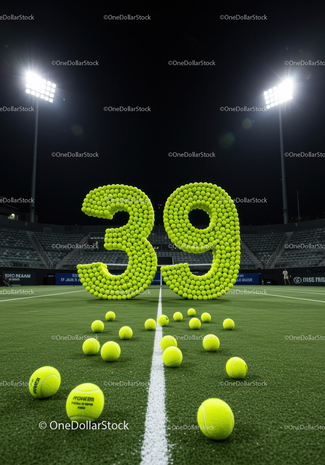 Number 39 made of tennis balls on a lit court