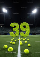 Number 39 made of tennis balls on a lit court