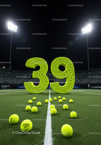 Number 39 made of tennis balls on a lit court