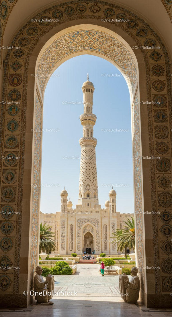 Elegant Mosque Minaret with Intricate Islamic Architecture and Decor