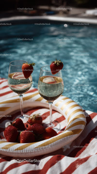 Strawberries and Champagne Glasses by Poolside on Summer Day