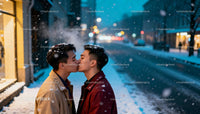 Couple sharing a tender kiss on snowy urban street night
