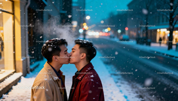 Couple sharing a tender kiss on snowy urban street night