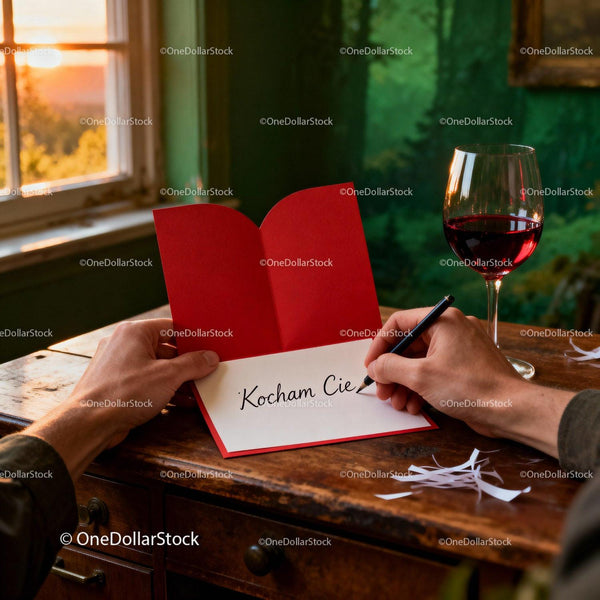 Man Writing Romantic Love Note at Sunset with Wine Glass