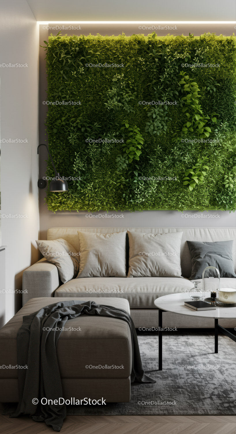 Nowoczesny salon z zieloną ścianą roślinną i wygodną sofą
