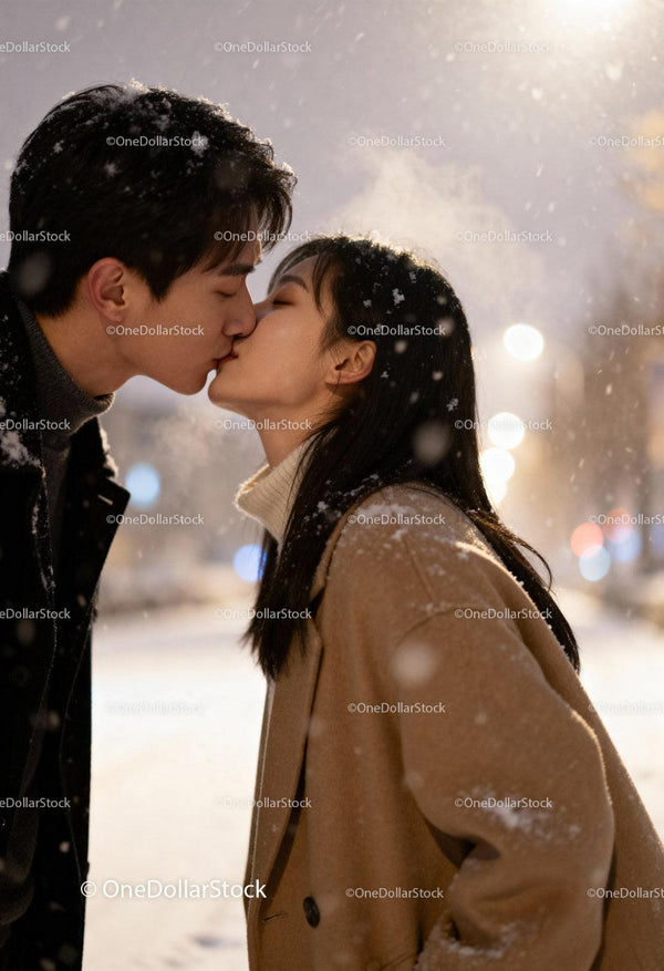 Young couple sharing a tender kiss in snowy evening